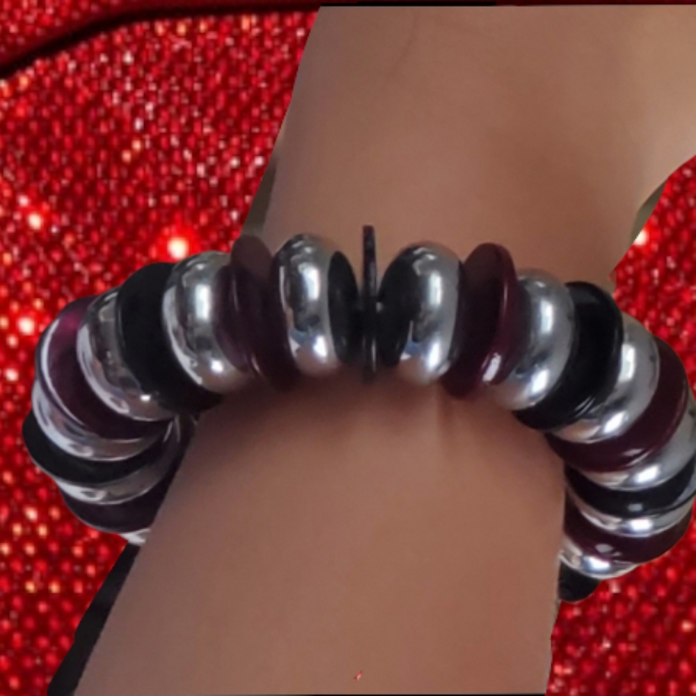 FUN FESTIVAL PARTY Bracelet Stretch Chunky Purple Black Metall Silver-Tone Beads